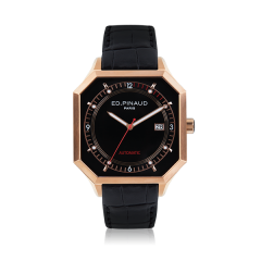 Automatic Watch - Pink Gold PVD Case, Black Dial, Black Leather Strap